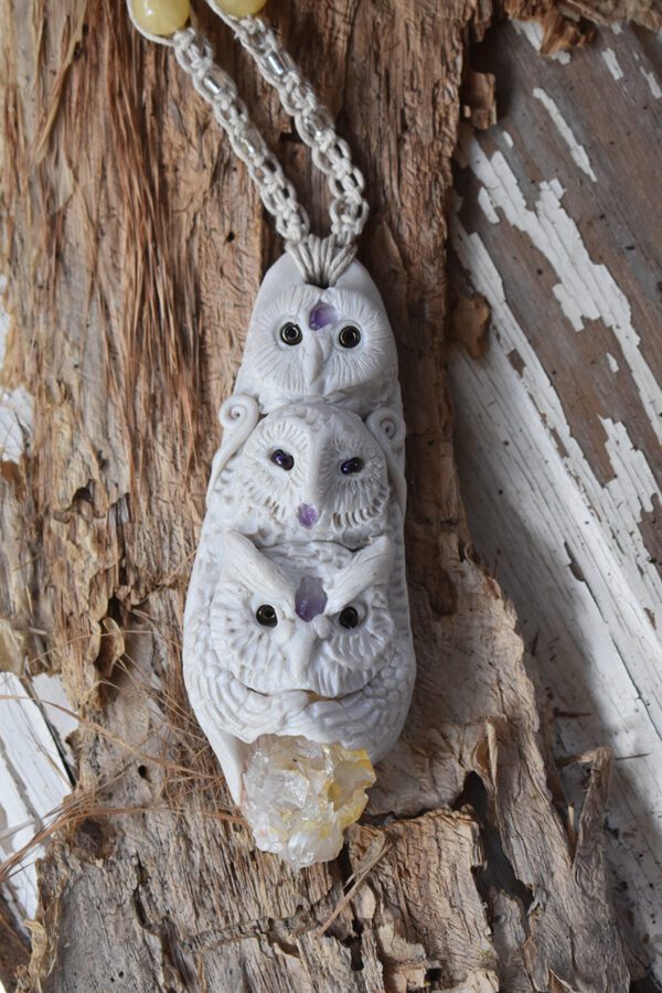 Triple White Owl Pendant