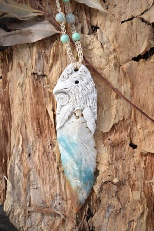 White Raven with Amazonite Feather Pendant