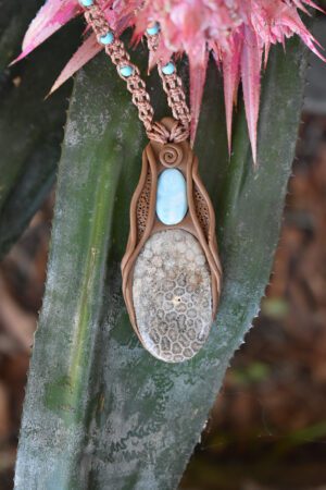 Corral Fossil and Larimar Pendant