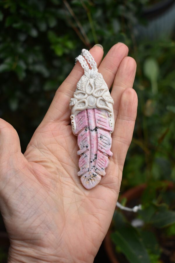 Carved Feather Pendant with Moonstone - Image 2