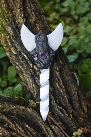 Selenite Moon Wand with black Owl