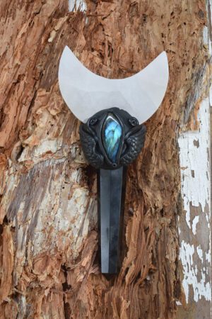 Selenite Moon and Obsidian Wand